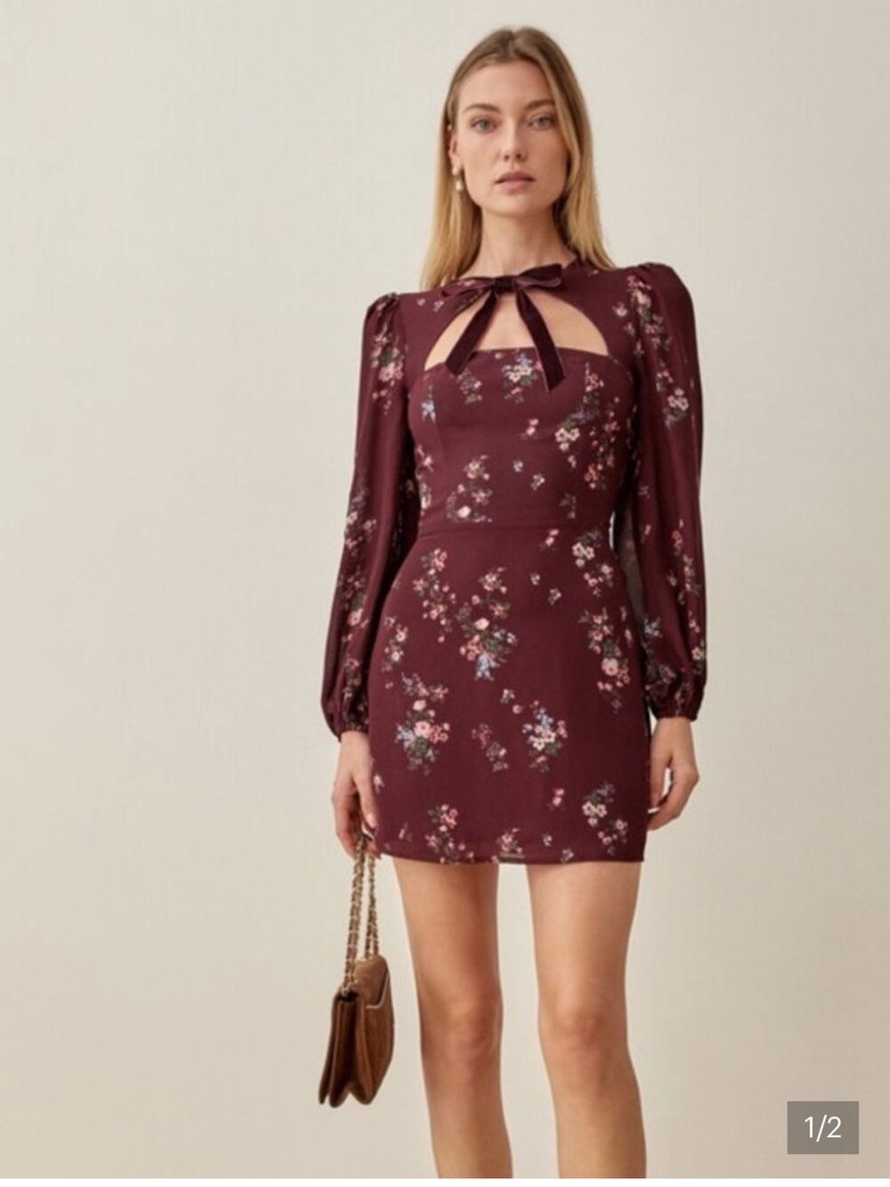Reformation Plum Floral Keyhole Tie-Neck Mini Dress